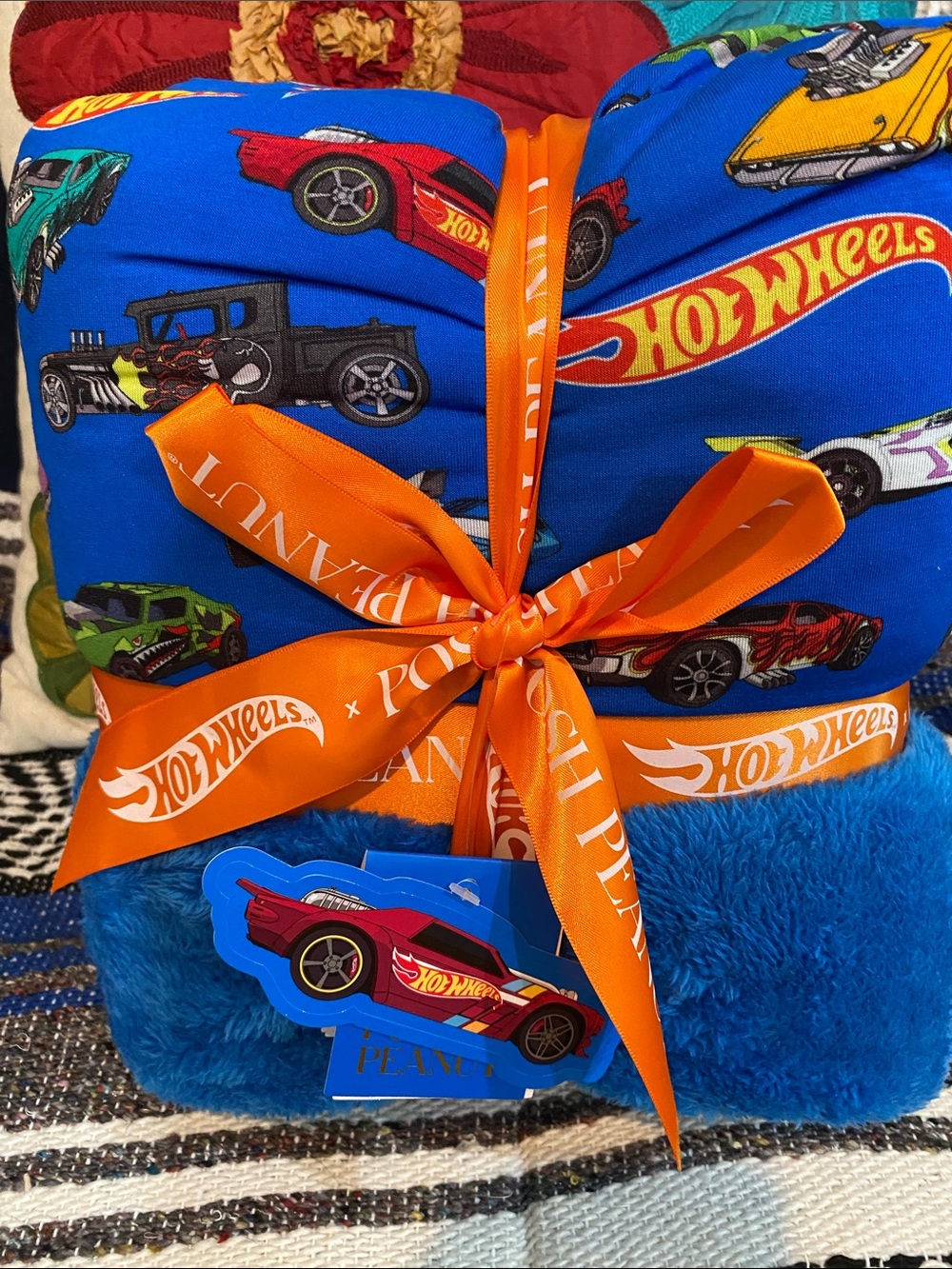 Posh Peanut Bright Blue Hot Wheels Kids Blanket Set with Orange Accents - Picture 2 of 8